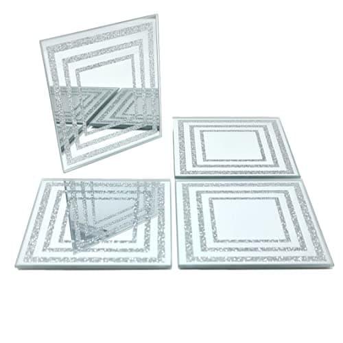 Image of Set of 4 Glass Sparkly Silver Square Glitter Design Mirrored Tea Coffee Coasters