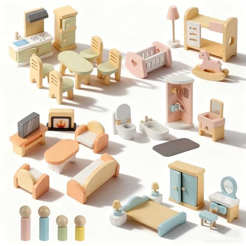 Image of Peccvon 35PCS Wooden Dollhouse Furniture Set with Dolls for 5 Rooms Kits, Doll House Accessories Furniture Toys for Toddlers, Pretend Play Toys Christmas Birthday Gift for Girls and Boys, Toddler 3+