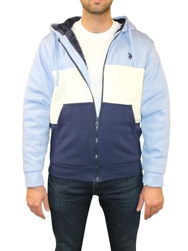 Image of U.S. Polo Assn. Men's Color Block Front Zip Sherpa Hoodie Sweatshirt, Varsity Blue Heather, X-Large