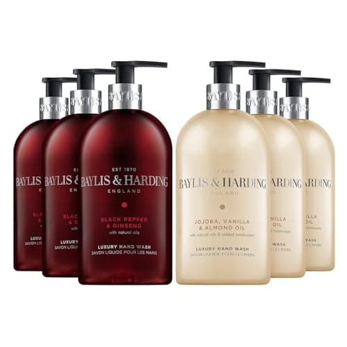 Image of Baylis & Harding Signature Hand Wash Bundle: 3 x 500 ml Black Pepper & Ginseng for Men & 3 x 500 ml Jojoba, Vanilla & Almond Oil (6 bottles) - Vegan Friendly