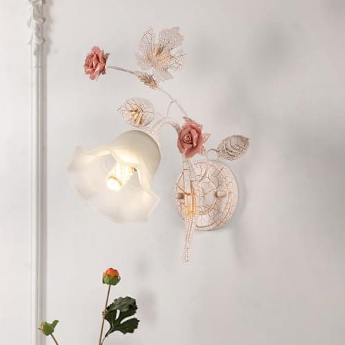 Image of meibeileil Retro Flower Wall Lights for Living Room,Art Deco Crackle Metal Base Wall Lamp for Bedrooms,Ceramic Pink Roses Floral Glass Shade Flush Mount Wall Scone for Hallway,Bedside,Staircase,1Head.