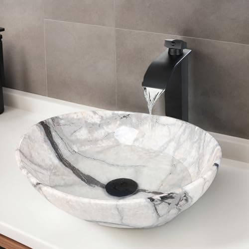Image of kiciykc Countertop Basin Sink Marbling White Black Wash Basin Sink with Mixer Tap and Waste Set, Ceramic Sinks Oval Countertop Basins 410mm x 330mm