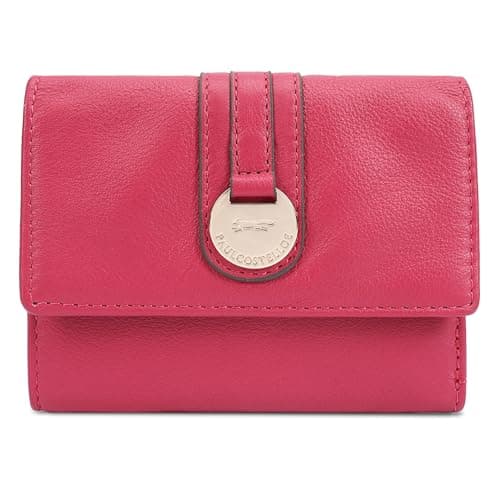 Image of Paul Costelloe Genuine Leather Women's Purse Featuring a Flap Closure and a Gold-Finish Embossed Logo Hardware disc, RFID-Blocking with a Zip Coin Pocket | Lawa (CERISÉ)