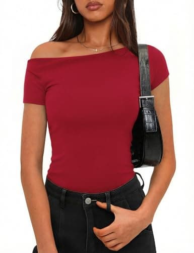 Image of Totatuit Womens Off Shoulder T Shirt UK Y2K Top Short Sleeve Ladies Slim Fit Stretch Basic Plain Summer Casual Tunic Tops Red，S