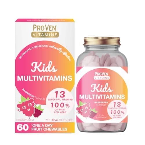 Image of Proven A-Z Kids Multivitamin Chewable Tablets Raspberry Flavour Yummies 60 Tablets Daily Childrens Multivitamins with 13 Essential Vitamins for Immune Function, Bones, Teeth & Energy - 2 Month Supply