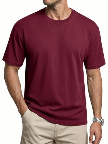 Image of Cavva Plain T Shirts Men Loose Fit Heavy Cotton T-Shirt Short Sleeve Casual Shirt Summer Round Neck Tees Wine Red XL