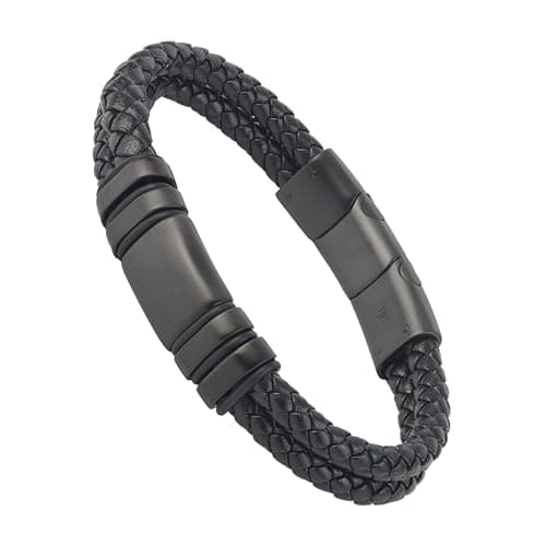 Image of Forge & Foundry Men's Adjustable Black Leather Bracelet | Genuine Woven Leather with Snap Clasp | Design-Led, Artisan Jewellery from London | Double Strand, Brushed Black Clasp, L, Navarro