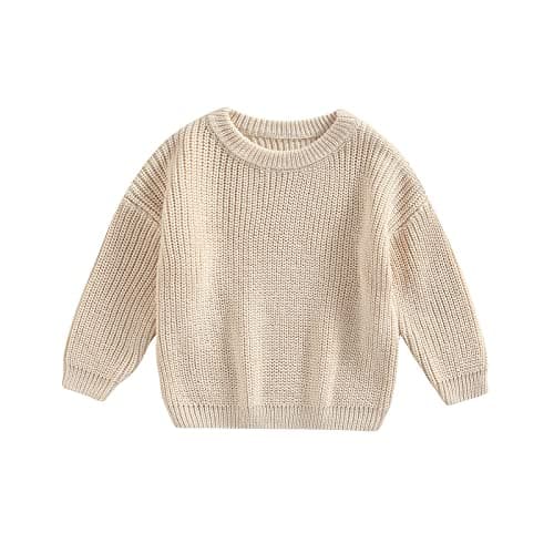 Image of Baby Oversized Knitted Jumper Girls Boys Winter Ribbed Knit Sweater Chunky Pullover Long Sleeve Knitwear Top Soft Unisex Toddler Baby Clothes Autumn Outwear (Milky White, 3-6 Months)