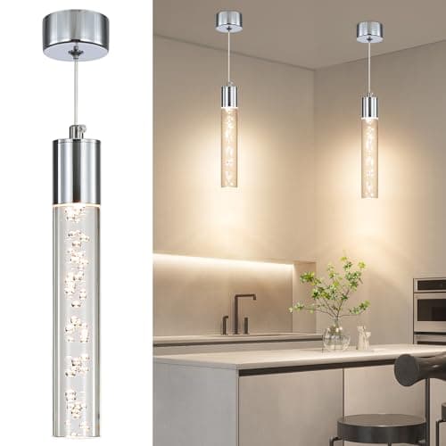 Image of Mikeru Modern Chrome Pendant Light - Acrylic Cylinder With 3 Colour Temperature 3000k/4500k/6500k for Dining Room, Bedroom, Kitchen Island, Living Room - 2 Pack