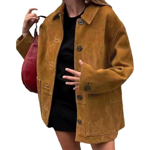 Image of rismart Women Suede Jacket Fall Winter Casual Oversized Trench Coat, Chocolate, M