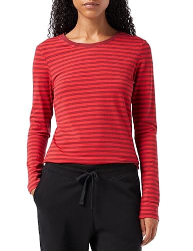 Image of Amazon Essentials Women's Classic-Fit Long-Sleeve Crewneck T-Shirt (Available in Plus Size), Burgundy Red Stripe, X-Small