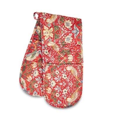 Image of Strawberry Thief Red Design Quilted Double Oven Glove 100% William Morris Gallery