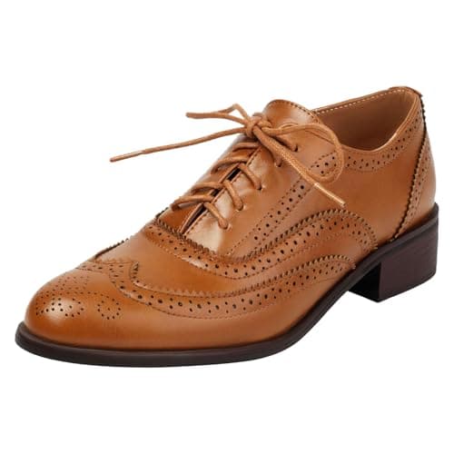 Image of ANUFER Women's Block Heel Wingtip Brogues Low Top Oxfords Court Shoes Tan SN0706226 UK7