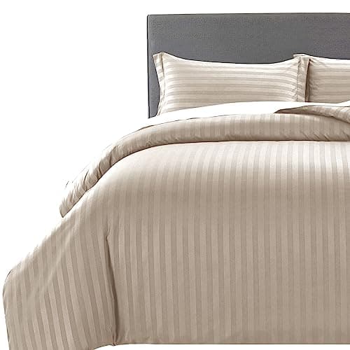 Image of MOONLIGHT20015 Super King Duvet Set Reversible Stripes Satin Bedding Sets with 2 Pillowcases Soft Hypoallergenic Duvet Cover (Beige 260x220)