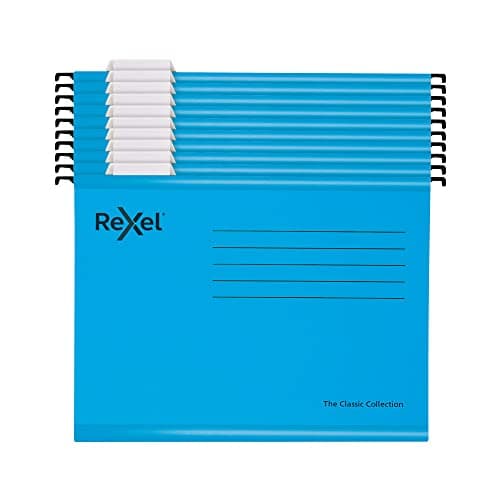 Image of Rexel Classic A4 Reinforced Filing Cabinet Suspension Files with Dividers, 15 mm V base, 100 Percent Recycled Card, Blue, Pack of 10, 2115595