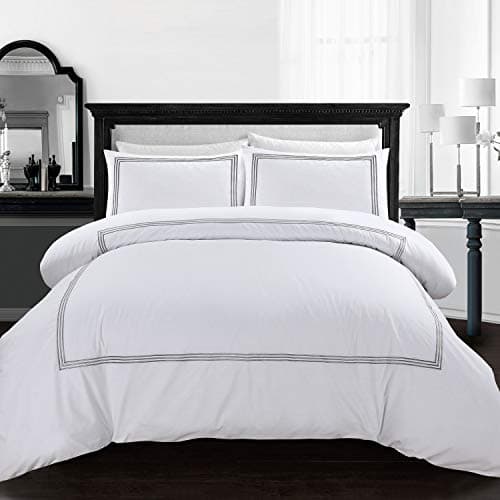 Image of My home store Embroidered Duvet Cover Hotel Quality 200TC Bedding Set Soft Breathable 100% Poly Cotton Quilt Cover with 2 Pillowcases (White, Double)
