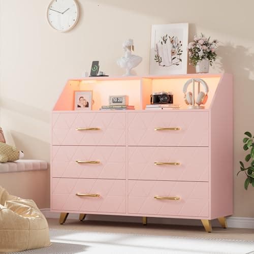 Image of Modern 6 Drawer Pink Dresser with LED Lights and Charging Station, Wooden TV Stand Dressers with Metal Legs, Wide Storage Organizer Cabinet 47.2 x 15.7 x 37.3in for Bedroom, Living Room, Entryway