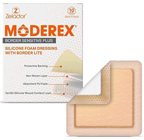Image of Silicone Lite Foam Dressing (Moderex Border Sensitive Plus) with Border for Light to Moderate exuding Wounds for Sensitive Skin (5x5cm x 10)