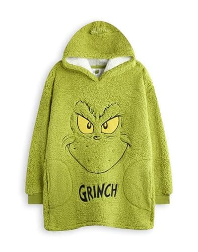 Image of The Grinch Kids Wearable Blanket Hoodie | Childrens Hooded Fleece Pullover in Green with Grinch Character Face & Fur Hair | Sherpa Lined Loungewear with Pockets | Christmas Movie Merchandise Gift