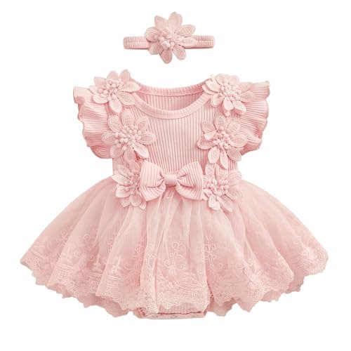 Image of Baby Girl Lace Tulle Romper Tutu Dress Ruffle Sleeve Flowers Bodysuit Summer Overall Princess Party Dress with Headband 2Pcs Outfit (A-Pink, 12-18 Months)