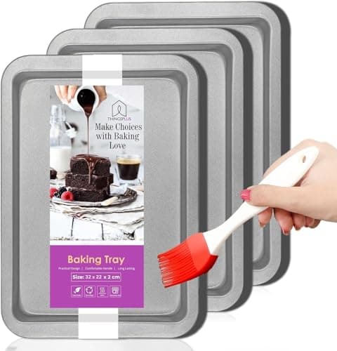 Image of ThingsPlus Set of 3 Baking Trays for Oven Non Stick, Premium Carbon Steel Oven Trays Non Stick with Teflon Coating, Durable & Easy-Clean NonStick Baking Tray Set for Cookies & Savories (32x22x2cm)