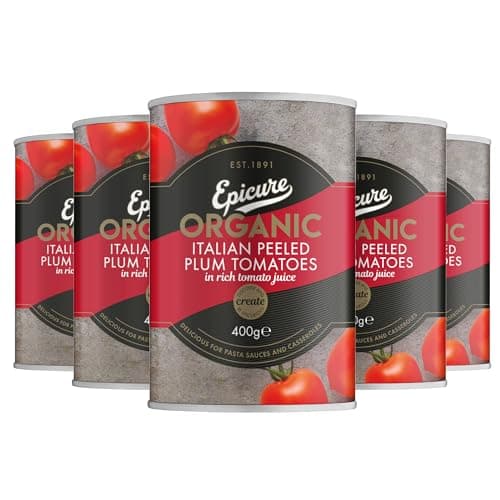 Image of Epicure Tinned Organic Italian Peeled Plum Tomatoes, Rich Tomato Juice for Delicious Pasta Sauces and Casseroles 400 g (Pack of 12)