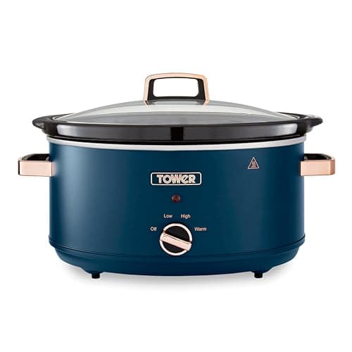 Image of Tower Cavaletto 6.5 Litre Slow Cooker with 3 Heat Settings, Removable Dishwasher Safe Pot, Cool Touch Handles, Up to 8 Portions, Midnight Blue and Rose Gold, T16043MNB