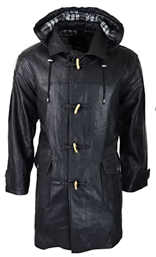 Image of TruClothing Mens Black Real Leather Duffle Jacket Coat Toggle Classic Fisherman Hooded 3/4 - Black S