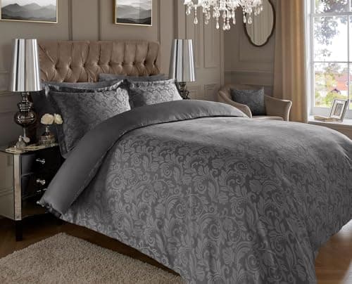 Image of ARHAUM 600 Thread Count Floral Jacquard Duvet Set with 2 Oxford pillowcases (45 x 75 CM) | Cotton Rich Soft & Comfortable Bedding Set (Dark Grey, Double - 200x200CM)