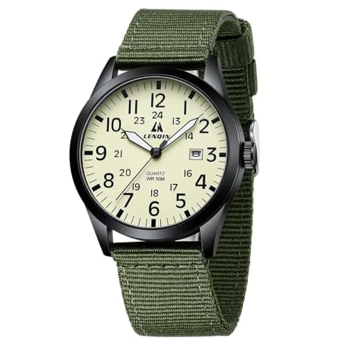 Image of LN LENQIN Mens Watches Military Watch Field Watch Analog Quartz Watches for Men Luminous Army Tactical Outdoor Sports Waterproof Men's Wrist Watches with Date and Nylon Strap (Green Black Yellow)
