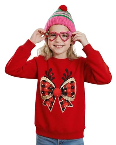 Image of Momkonzz Kids Christmas Jumper for Toddler Girls Xmas Sweatshirts Tween Shinny Bow Antler Print Pullover Top Cotton 3-12Y (Red 10-11T)