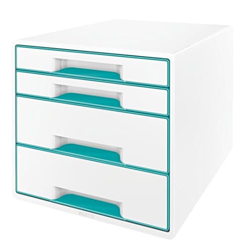 Image of Leitz 4 A4 Drawer Cabinet, Organiser with Marker Pen and Transparent Tray, Wow Range, White/Metallic Ice Blue