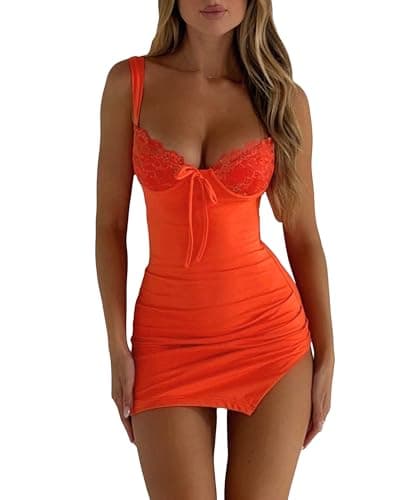 Image of Fexofao Women Lace Trim Bandage Ruched Slit Party Mini Dress Low-Cut Bodycon Satin Dress for Cocktail Nightclub Beach (Orange Red, L)