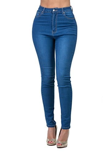 Image of High Waisted-Rise Colored Stretch Skinny Destroyed Ripped Distressed Jeans for Women Olive Mustard RED, Mid Light Blue, S
