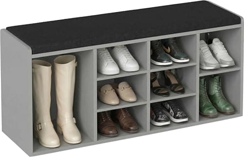 Image of Blisswood Shoe Storage Bench with Padded Seat, Hallway Shoe Organiser with 9 Open Compartments & Adjustable Shelves, Storage Cabinet with Cushion for Living Room, Entryway & Bedroom (Grey)