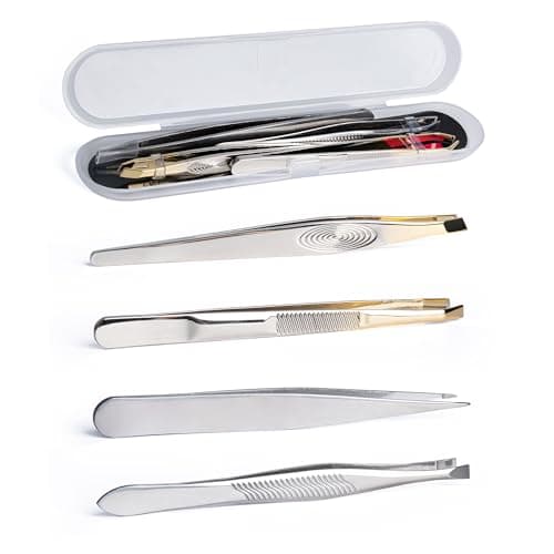 Image of 4 Pcs Tweezer Set for Facial Hair Removal, Stainless Steel Slant & Pointed Tweezers for Women Men, Ingrown Hair Splinter Blackhead Remover Kit with Travel Case, Precision Eyebrow Plucking Tools