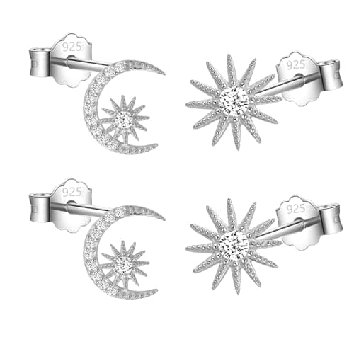 Image of HinDaLi 2 Pairs 925 Sterling Silver Studs Earrings for Women Girls Cubic Zirconia Sun Moon Star Studs Earrings Diamond Silver Earring for Women Sleeper Cartilage Hypoallergenic