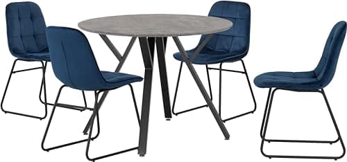 Image of Seconique Athens Round Dining Table Set with 4 Lukas Dining Chairs in Concrete/Sapphire Blue Velvet