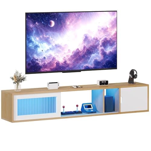 Image of YITAHOME 148 cm Floating TV Cabinet for TVs up to 65 Inches, Lowboard Hanging with 7 RGB LED 22 Fashion Lights, Wall Mounted TV Cabinet with Door for Living Room and Bedroom