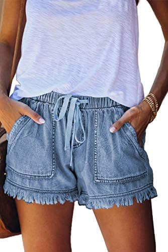 Image of HVEPUO Women Mid Length Frayed Hem Denim Shorts Casual Wide Leg Lounge Drawstring Sleep Distressed Jeans Shorts 7 Inch Inseam Comfy Vacation Essentials Short Pants with Fringe Dark Blue XL