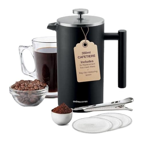 Image of andrew james Double Walled Stainless Steel Cafetiere Gift Set With 3 Mesh Filters, Coffee Measuring Spoon And Bag Sealing Clip, Delicious French Press Coffee, Easy to Clean (350ml, Black)