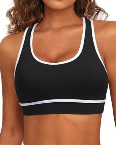 Image of Holipick Women's Sports Bra Bikini Tops Racerback Swim Top Scoop Neck Bathing Suits Top Modest Padded Crop Tops Swimsuit Only, Black-White, M