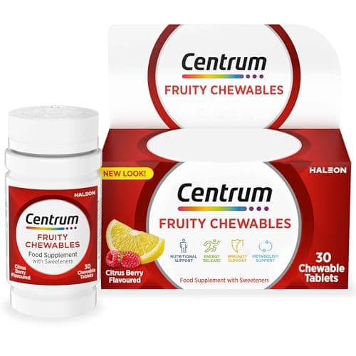 Image of Centrum Fruity Chewables Tablets, chewy vitamins for adults, with 13 essential vitamins including vitamin C, D, and Zinc, 30 ct