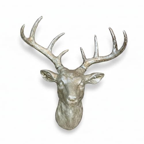 Image of Small Stag Head Wall Mount Sculpture, Large Antler Deer Hanging Animal Head Ornament Figure Art Décor Resin Distressed Finish, Wildlife Indoor Outdoor Decorative Accessories (Silver Stag Head)