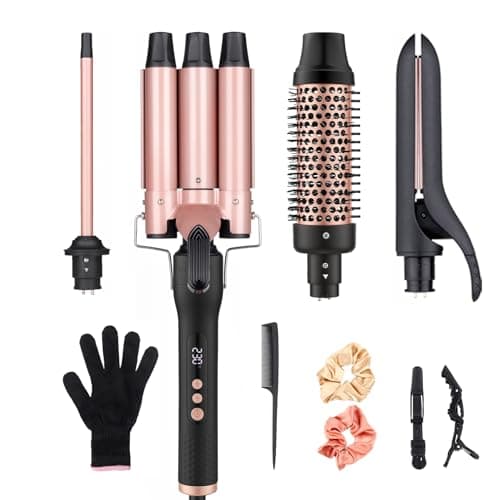 Image of 3 Barrels Hair Curler, 4 in 1 Curling Iron Wand Set with Hair Straighteners, Curling Brush, Three Barrel Hair Wavers Interchangeable Ceramic Barrels, Instant Heat Up, Dual Voltage