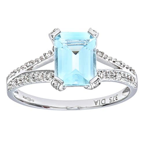 Image of Naava Women's 9 ct White Gold Emerald Cut Aquamarine Ring with Diamond Shoulders, Size M