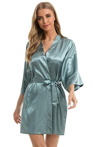 Image of Vlazom Women's Kimono Robes Dressing Gown Satin Bathrobe Nightdress Short Style Bridal Robe with Oblique V-Neck Dark Green,M