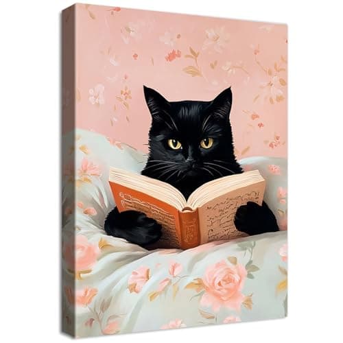 Image of Wooden Framed Canvas Wall Art Cute Cats Painting on Canvas Prints Funny Black Cat Reading Books Pictures Wall Decor Pink Vintage Animal Poster Prints for Girls Room Bedroom Kids Room 30x40cm