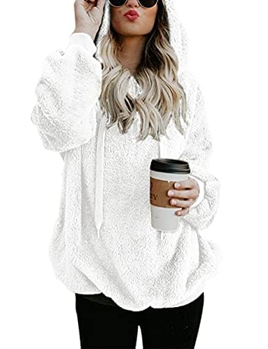 Image of iWoo Sweatshirts Womens Winter Solid Color Fleece Sweatshirt Cozy Fluffy Jumper Women Pullovers for Winter Stylish(White,L)