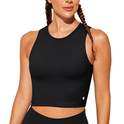 Image of BAYDI Sports Bra Removable Padded Crop Tops High Neck Tank Tops with Built in Bra Longline Yoga Workout Top Black